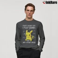 Men’s That's What I Do I Play Games And I Forget Things Pikachu Pokemon Long-Sleeve Shirt in charcoal | Sleek, Lightweight, Year-Round Wear