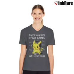 Women’s That's What I Do I Play Games And I Forget Things Pikachu Pokemon V-Neck Tee in charcoal | Chic Neckline, Soft Texture