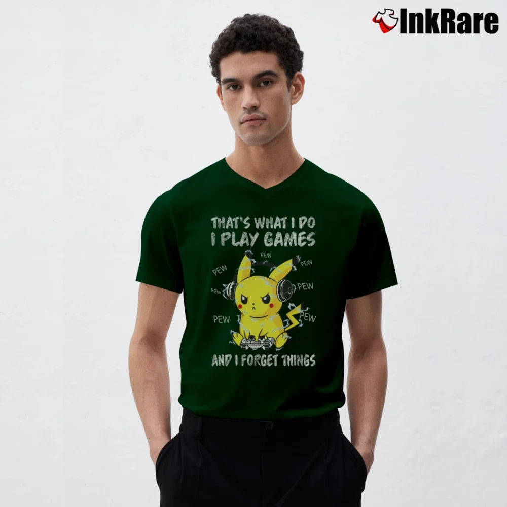 Men’s That's What I Do I Play Games And I Forget Things Pikachu Pokemon V-Neck Tee in forest green | Sharp, Breathable, Everyday Staple