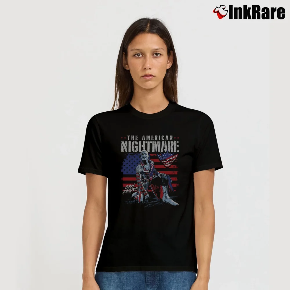 Women’s The American Nightmare Cody Rhodes American Flag Signature T-Shirt in black | Soft, Flattering Fit
