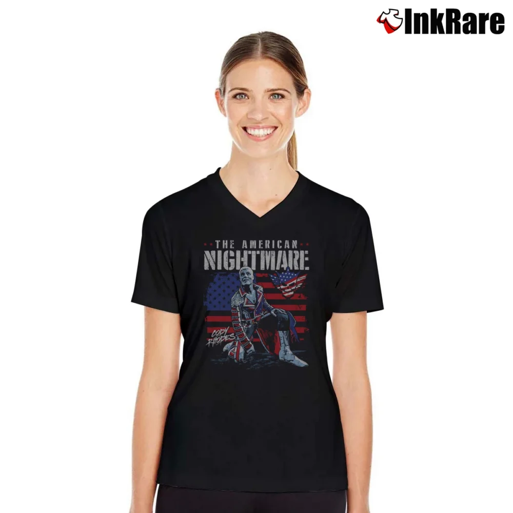 Women’s The American Nightmare Cody Rhodes American Flag V-Neck Tee in black | Chic Neckline, Soft Texture