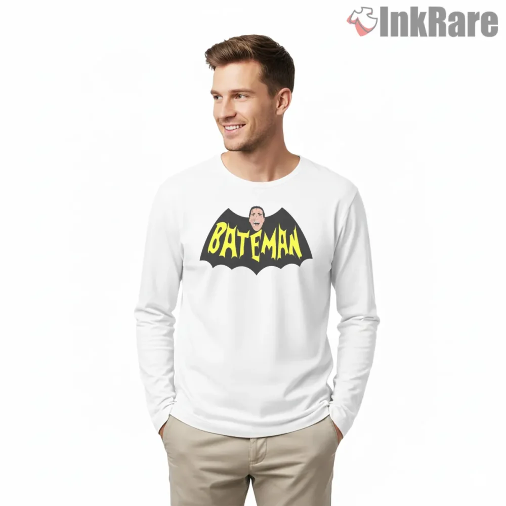 The Bateman Dark Parody Emblem Shirt on white long sleeve shirt for men graphic tee