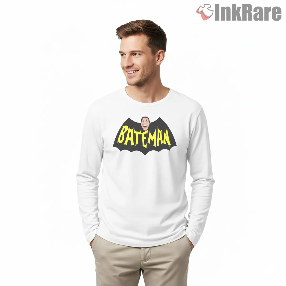 The Bateman Dark Parody Emblem Long Sleeve White The Bateman Dark Parody Emblem Shirt on white long sleeve shirt for men graphic tee