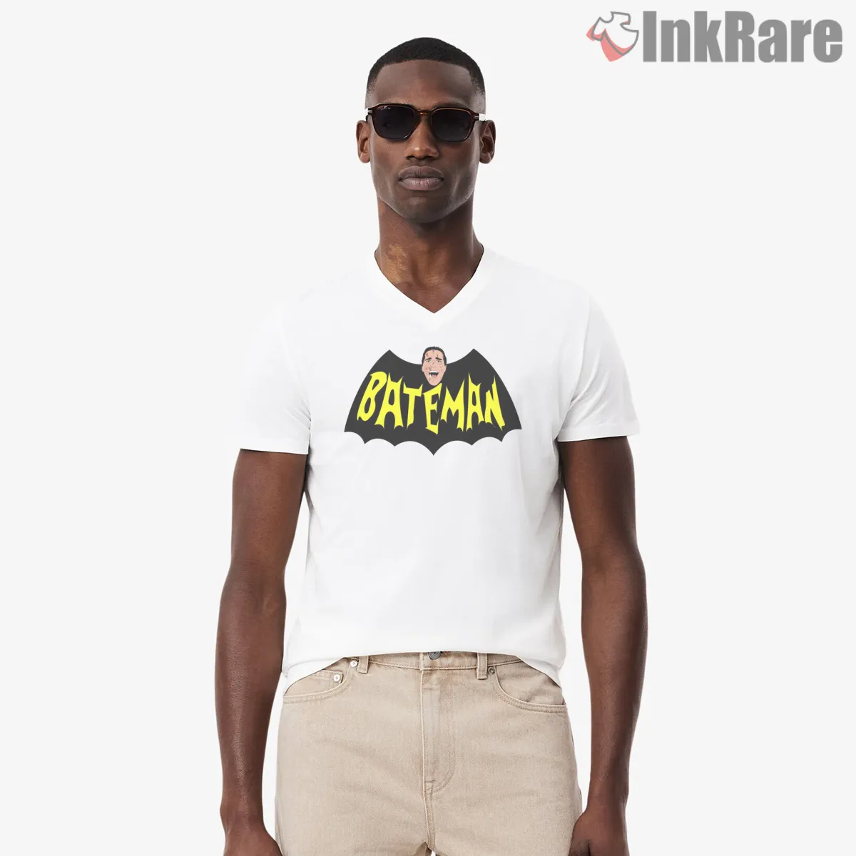 The Bateman Dark Parody Emblem V Neck White The Bateman Dark Parody Emblem Shirt on white v-neck shirt for men graphic tee