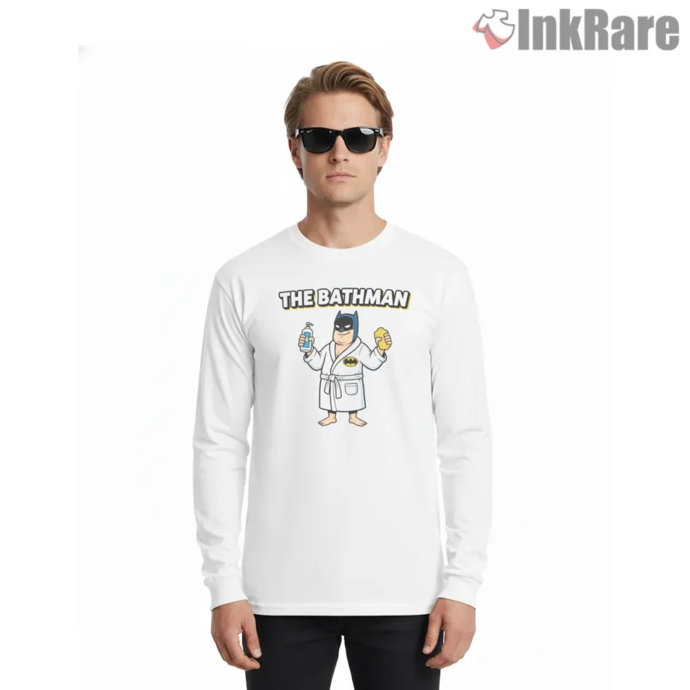 The Bathman Cartoon Batman Bathrobe Shirt on white long sleeve shirt for men graphic tee