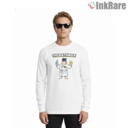 The Bathman Cartoon Batman Bathrobe Shirt on white long sleeve shirt for men graphic tee