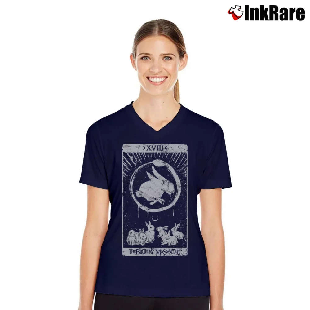 Women’s The Birthday Massacre Tarot Black V-Neck Tee in navy | Chic Neckline, Soft Texture