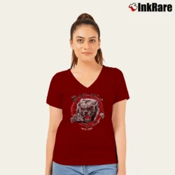 Women’s The Black Cat Lounge Demonic Austin Texas V-Neck Tee in maroon | Chic Neckline, Soft Texture