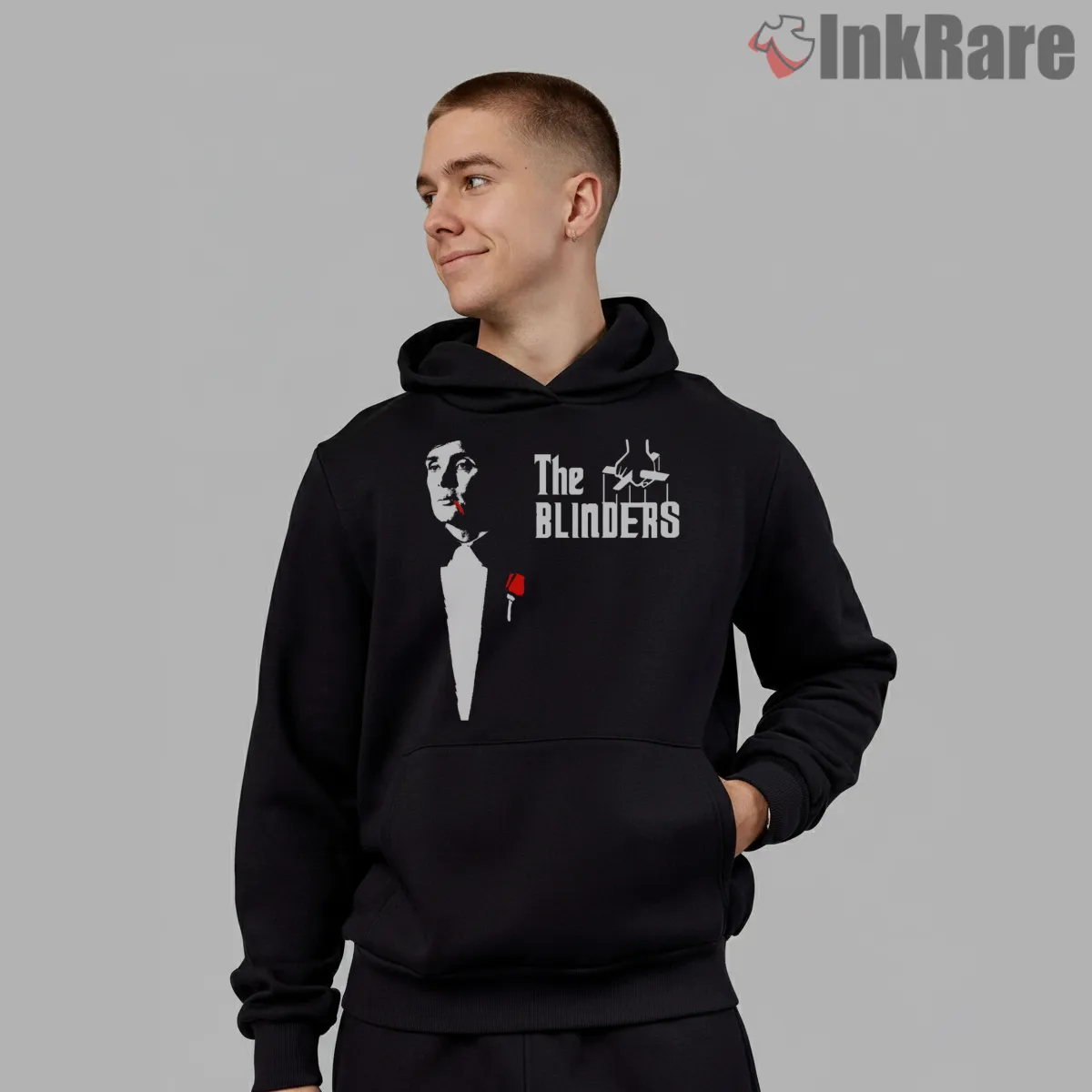 The Blinders Minimal Portrait Red Accent Shirt on black hoodie for men graphic tee