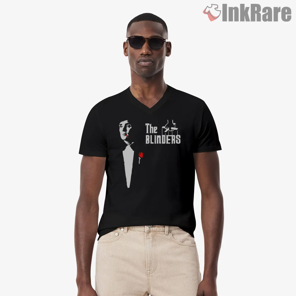 The Blinders Minimal Portrait Red Accent V Neck Black The Blinders Minimal Portrait Red Accent Shirt on black v-neck shirt for men graphic tee