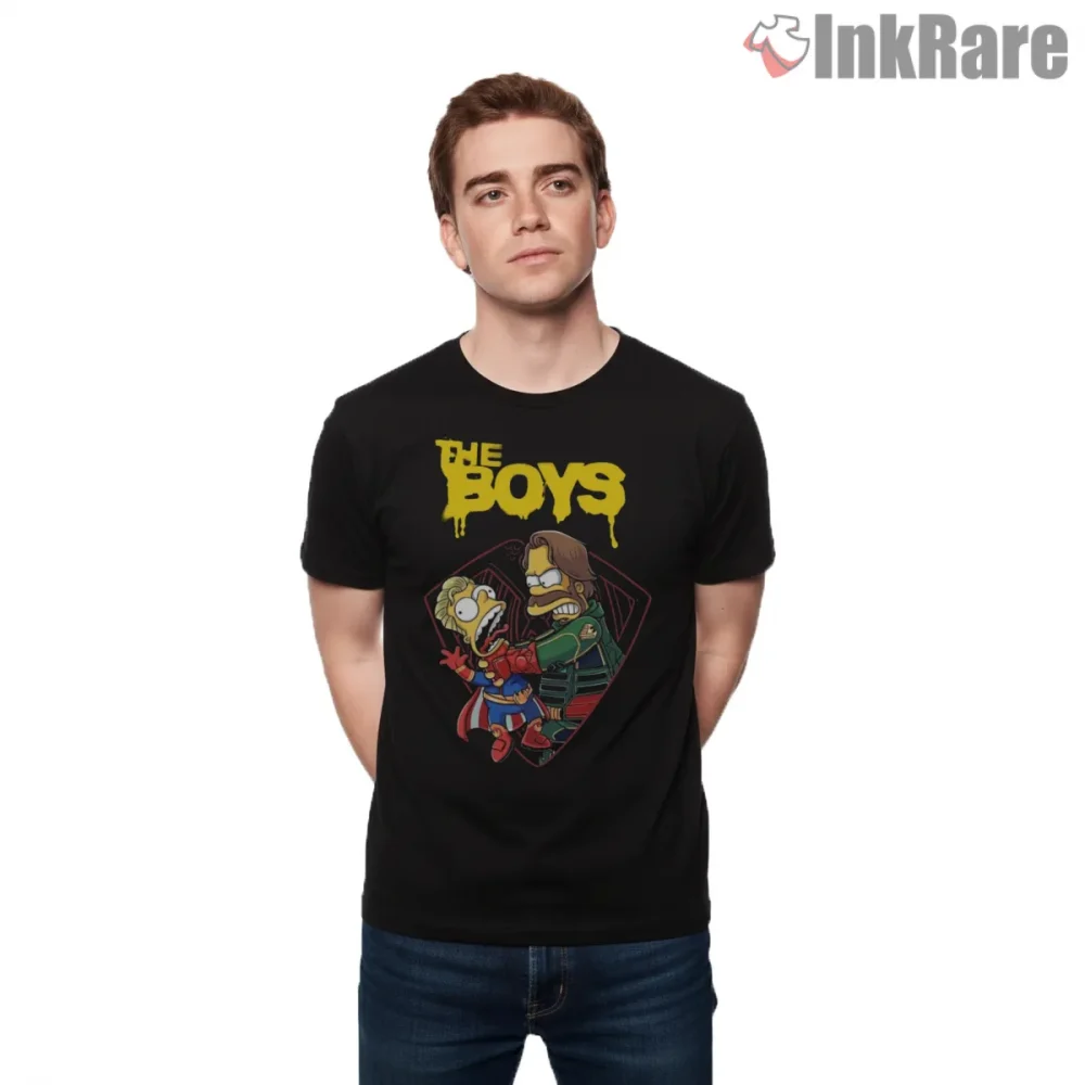 The Boys Homelander Simpsons Dark Superhero Mashup Shirt on black short sleeve shirt for men graphic tee