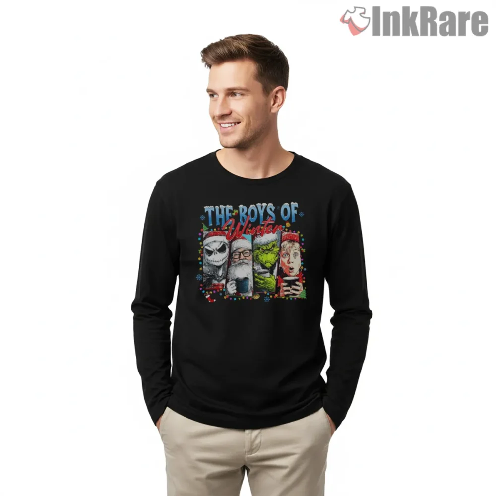 The Boys Of Winter Christmas Icons Mashup Shirt on black long sleeve shirt for men graphic tee