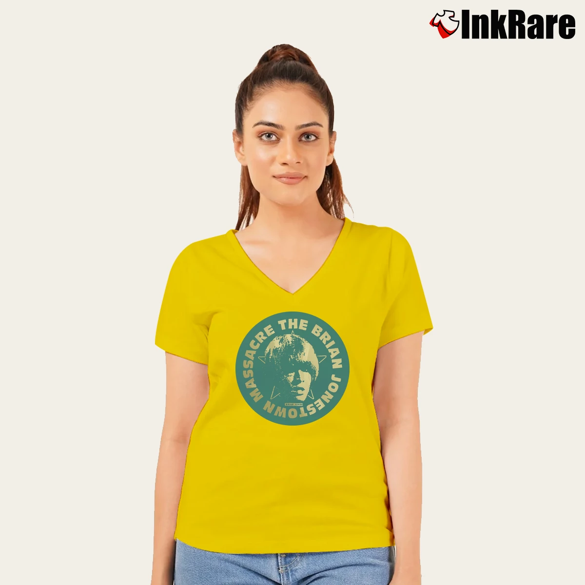Women’s The Brian Jonestown Massacre Pop V-Neck Tee in yellow | Chic Neckline, Soft Texture