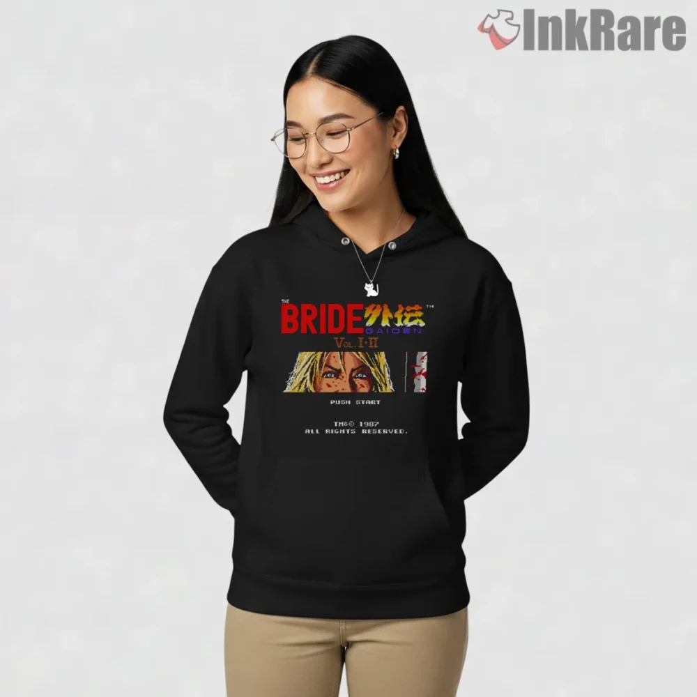 The Bride Gaiden Retro Arcade Game Kill Bill Shirt on black hoodie for women graphic tee