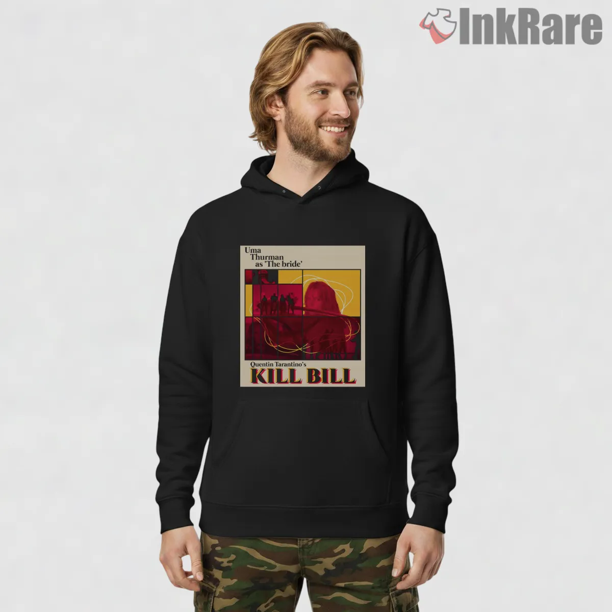 The Bride Minimalist Red Frame Kill Bill Portrait Hoodie Black The Bride Minimalist Red Frame Kill Bill Portrait Shirt on black hoodie for men graphic tee