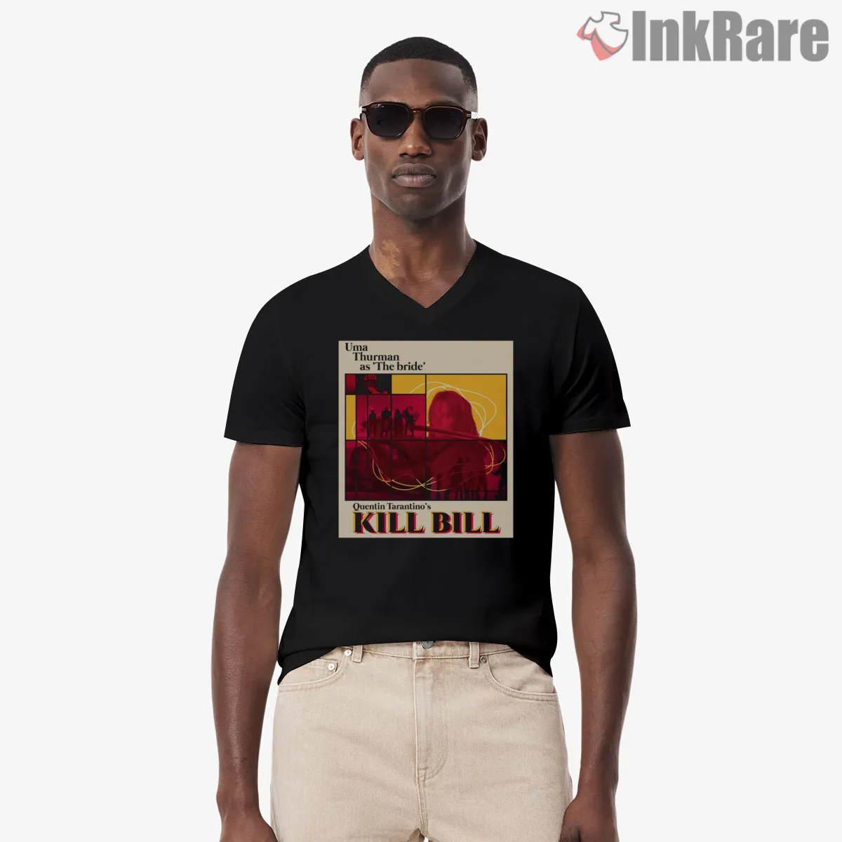 The Bride Minimalist Red Frame Kill Bill Portrait V Neck Black The Bride Minimalist Red Frame Kill Bill Portrait Shirt on black v-neck shirt for men graphic tee