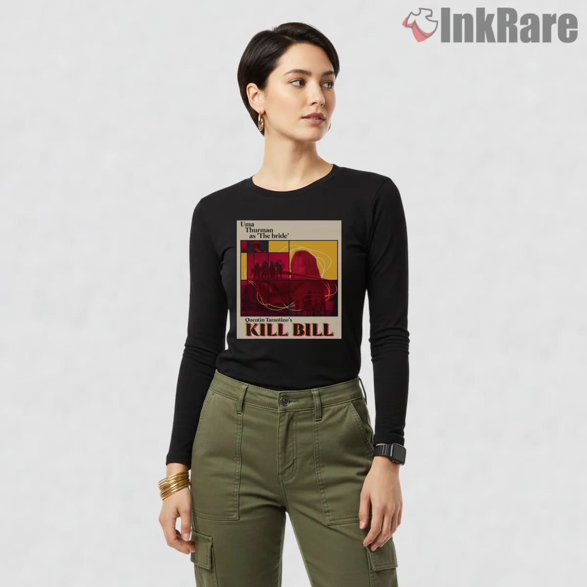 The Bride Minimalist Red Frame Kill Bill Portrait Long Sleeve Black The Bride Minimalist Red Frame Kill Bill Portrait Shirt on black long sleeve shirt for women graphic tee