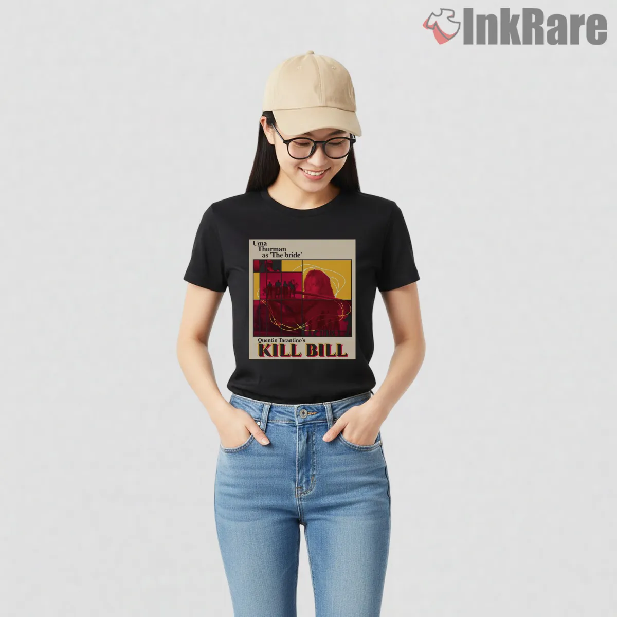 The Bride Minimalist Red Frame Kill Bill Portrait Short Sleeve Black The Bride Minimalist Red Frame Kill Bill Portrait Shirt on black short sleeve shirt for women graphic tee