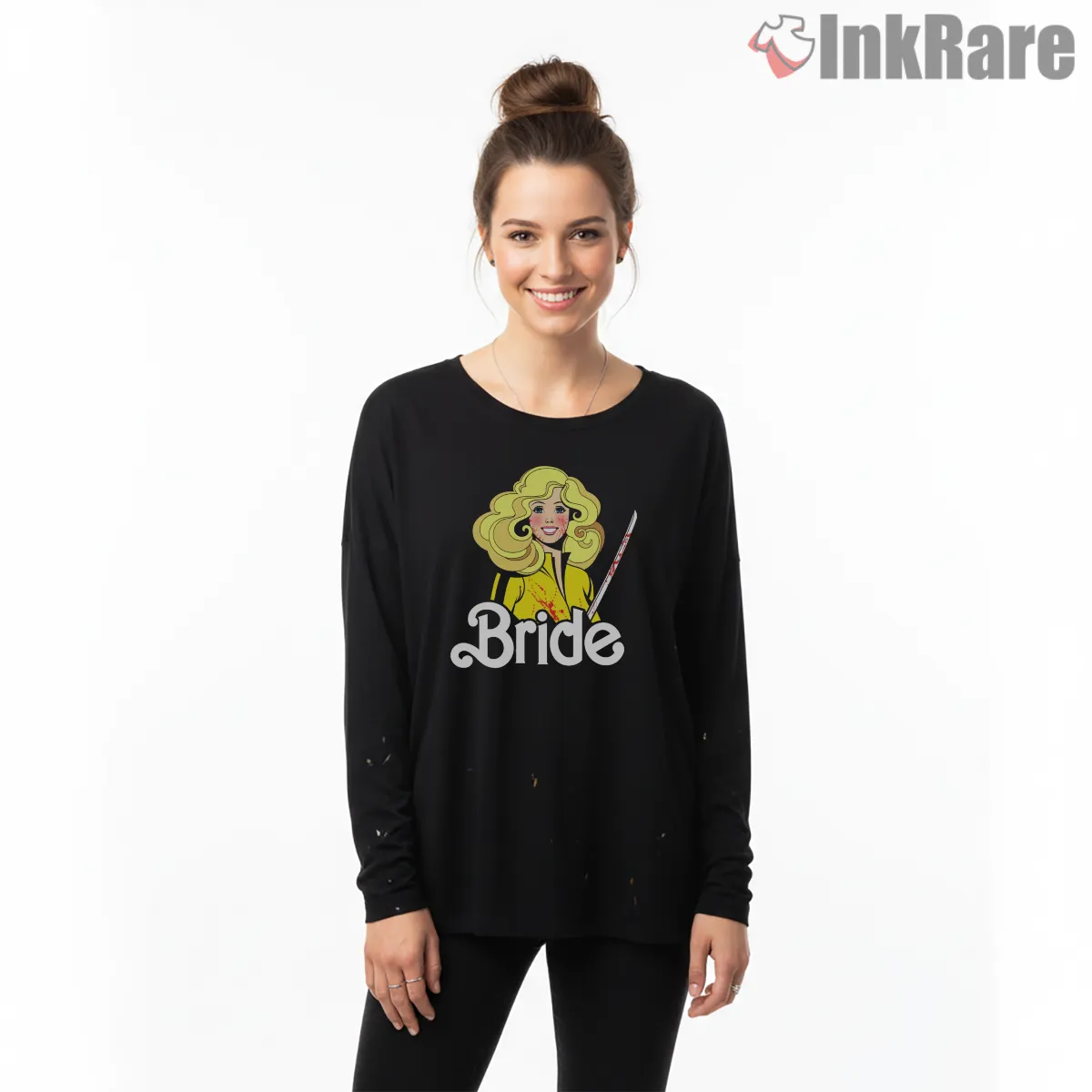 The Bride Retro Cartoon Smiling Portrait Kill Bill Long Sleeve Black The Bride Retro Cartoon Smiling Portrait Kill Bill Shirt on black long sleeve shirt for women graphic tee