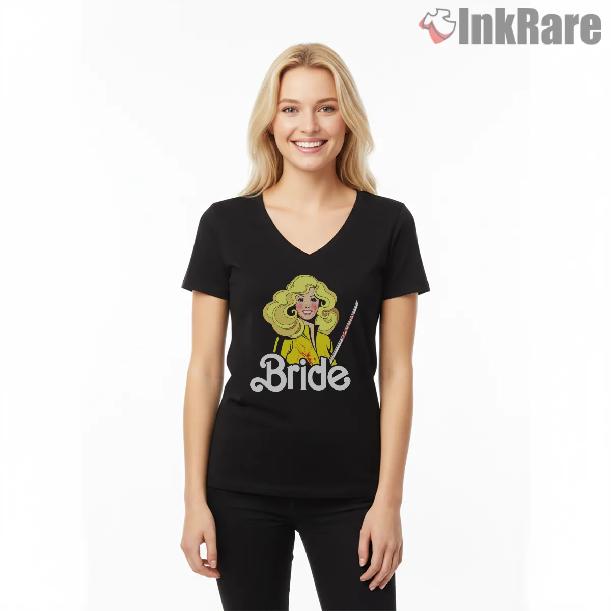 The Bride Retro Cartoon Smiling Portrait Kill Bill V Neck Black The Bride Retro Cartoon Smiling Portrait Kill Bill Shirt on black v-neck shirt for women graphic tee