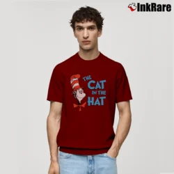 Men’s The Cat In The Hat Classic Kids Book Character Graphic Classic T-Shirt in maroon | Soft, Breathable Everyday Wear