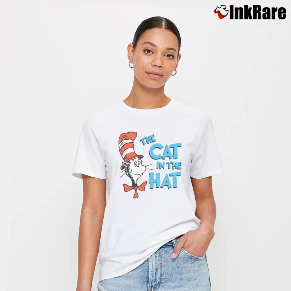Women’s The Cat In The Hat Classic Kids Book Character Graphic Signature T-Shirt in white | Soft, Flattering Fit