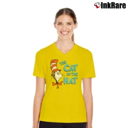 Women’s The Cat In The Hat Classic Kids Book Character Graphic V-Neck Tee in yellow | Chic Neckline, Soft Texture