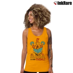 Women’s The Cat In The Hat Reading Is Our Thing Tank Top in orange | Lightweight, Movement-Friendly