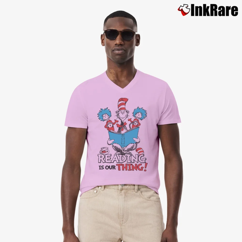 Men’s The Cat In The Hat Reading Is Our Thing V-Neck Tee in light pink | Sharp, Breathable, Everyday Staple