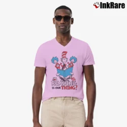 Men’s The Cat In The Hat Reading Is Our Thing V-Neck Tee in light pink | Sharp, Breathable, Everyday Staple