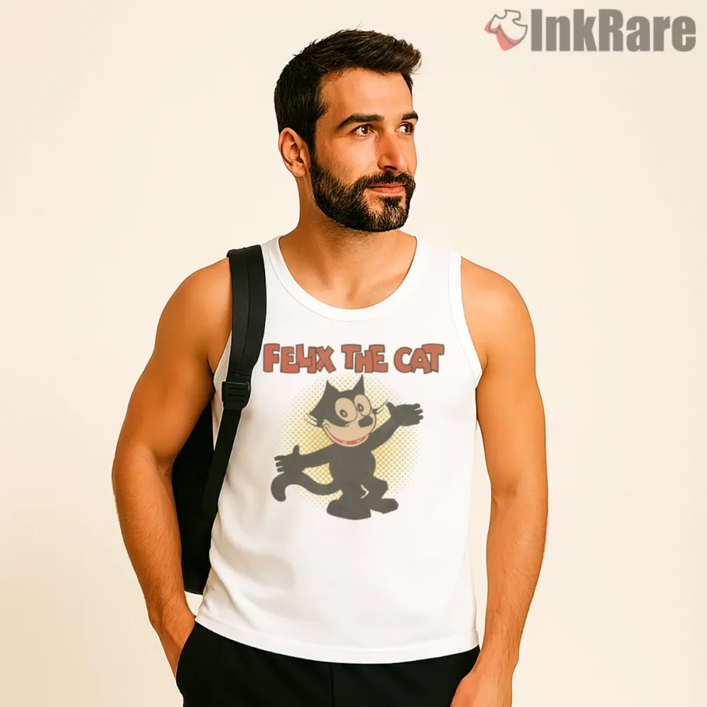 The Cat Named Felix Retro Title Circle Shirt on white tank top for men graphic tee