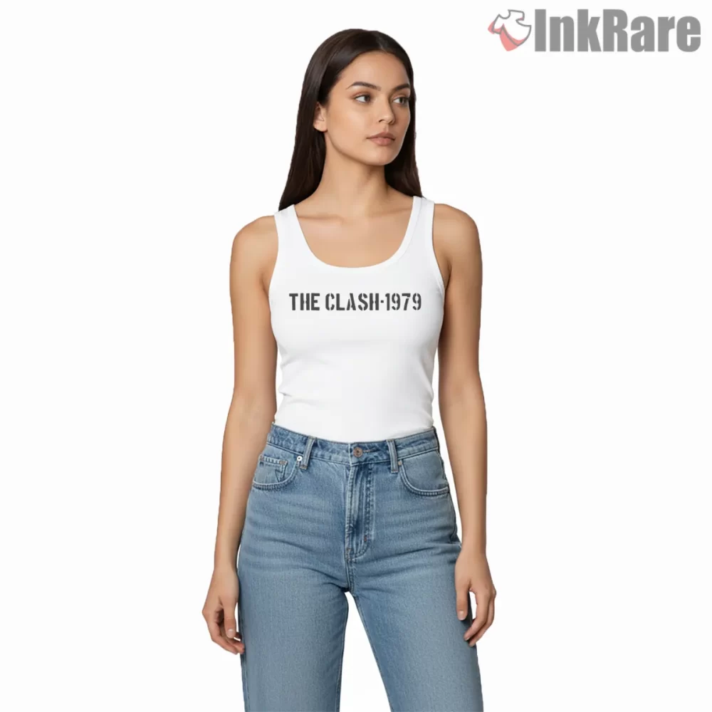 The Clash 1979 Minimal Punk Text Shirt on white tank top for women graphic tee