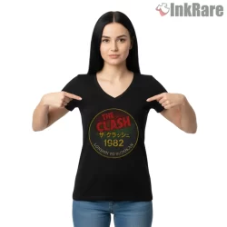 The Clash 1982 London To Budokan Vintage Badge Shirt on black v-neck shirt for women graphic tee