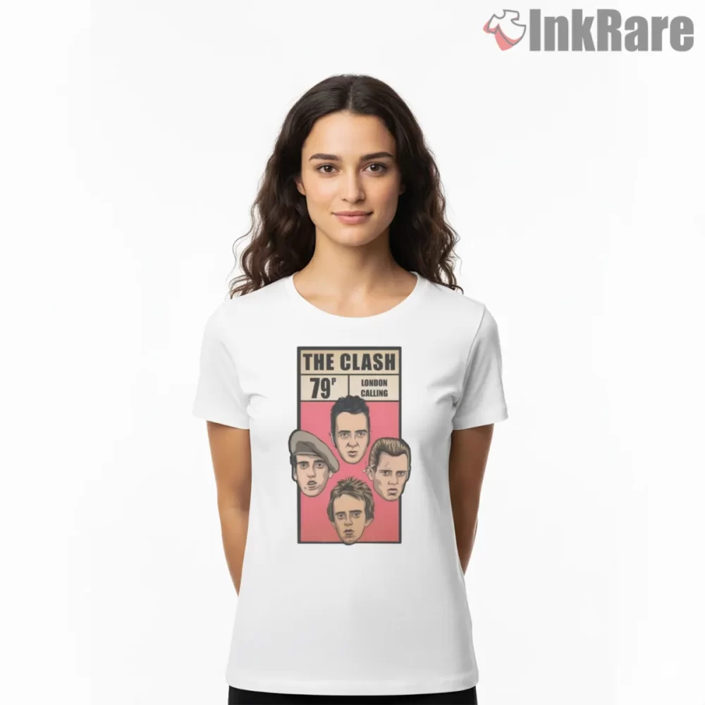 The Clash 79 London Calling Portrait Shirt on white short sleeve shirt for women graphic tee