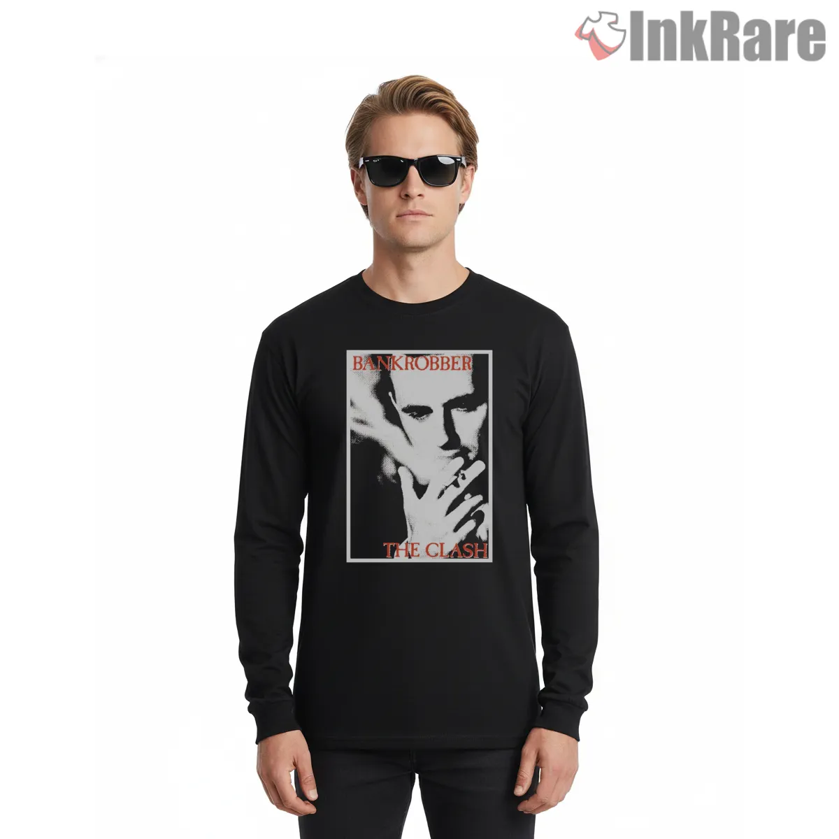 The Clash Bankrobber Noir Portrait Long Sleeve Black The Clash Bankrobber Noir Portrait Shirt on black long sleeve shirt for men graphic tee