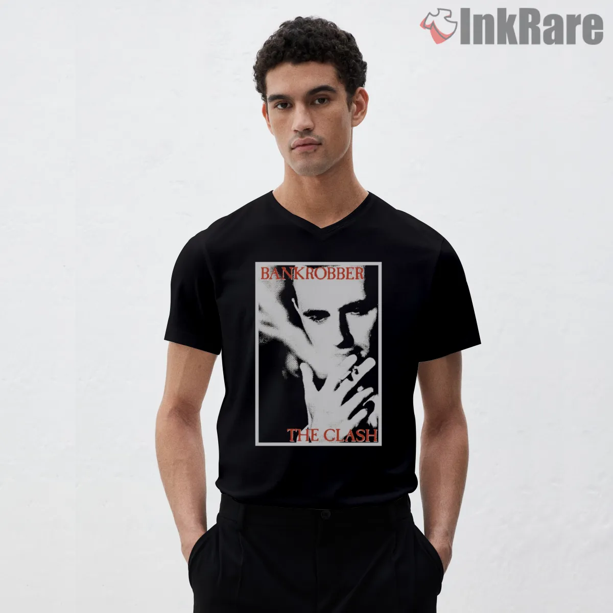 The Clash Bankrobber Noir Portrait Shirt on black v-neck shirt for men graphic tee