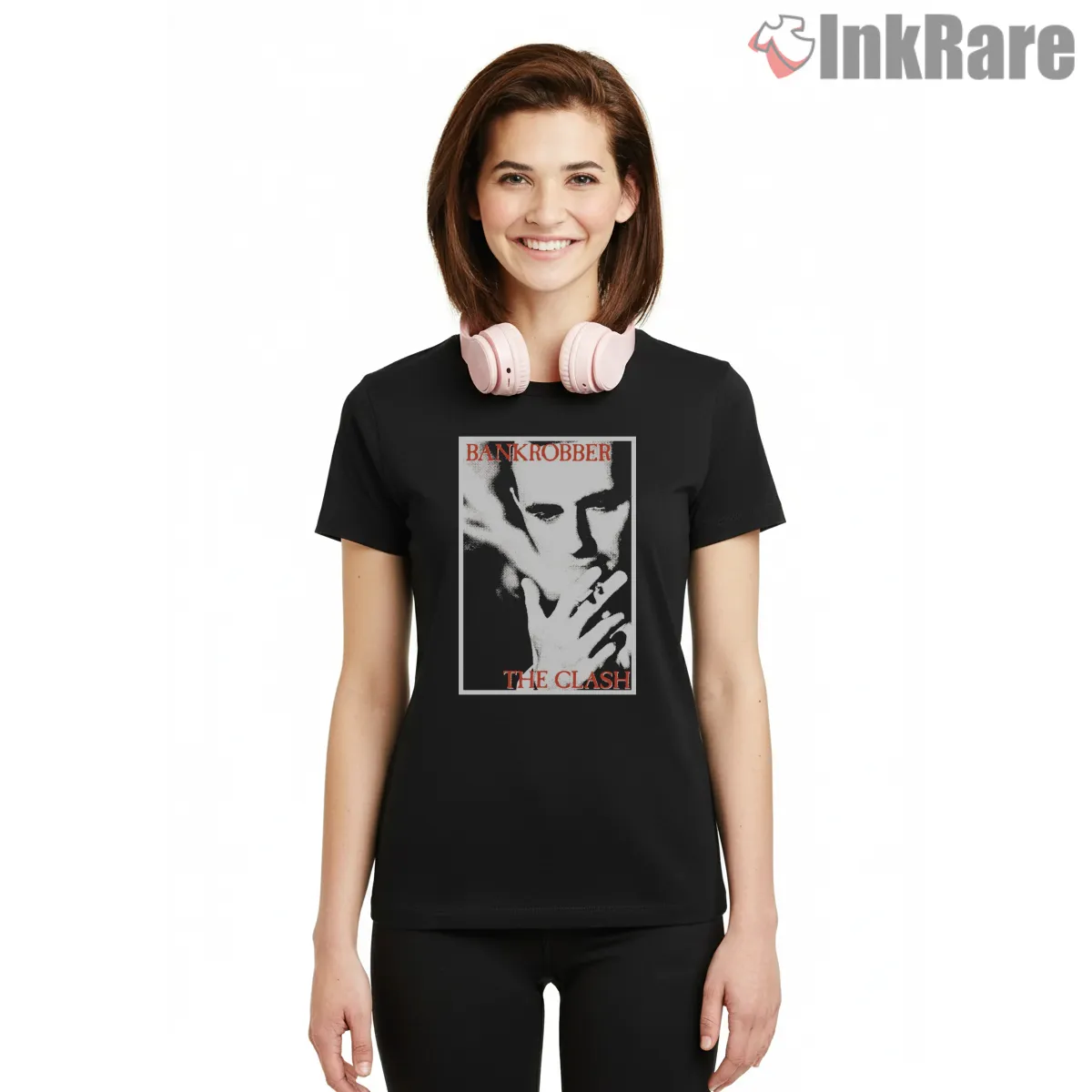 The Clash Bankrobber Noir Portrait Short Sleeve Black The Clash Bankrobber Noir Portrait Shirt on black short sleeve shirt for women graphic tee