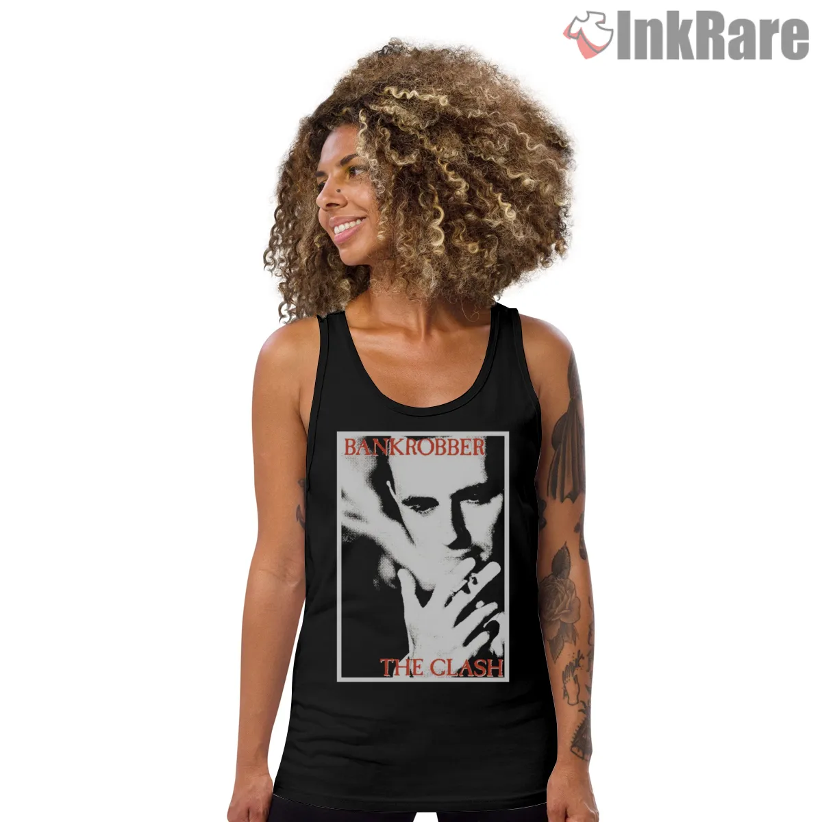 The Clash Bankrobber Noir Portrait Tank Top Black The Clash Bankrobber Noir Portrait Shirt on black tank top for women graphic tee