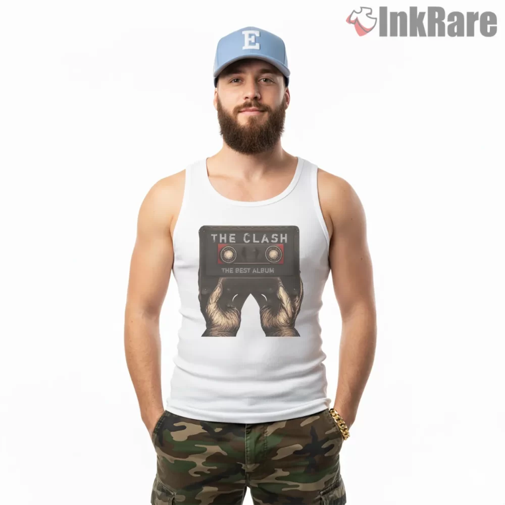 The Clash Best Album Cassette Tribute Shirt on white tank top for men graphic tee