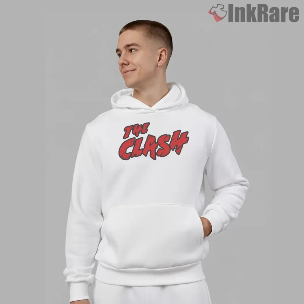 The Clash Black And Red Punk Logo Shirt on white hoodie for men graphic tee