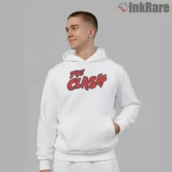 The Clash Black And Red Punk Logo Shirt on white hoodie for men graphic tee