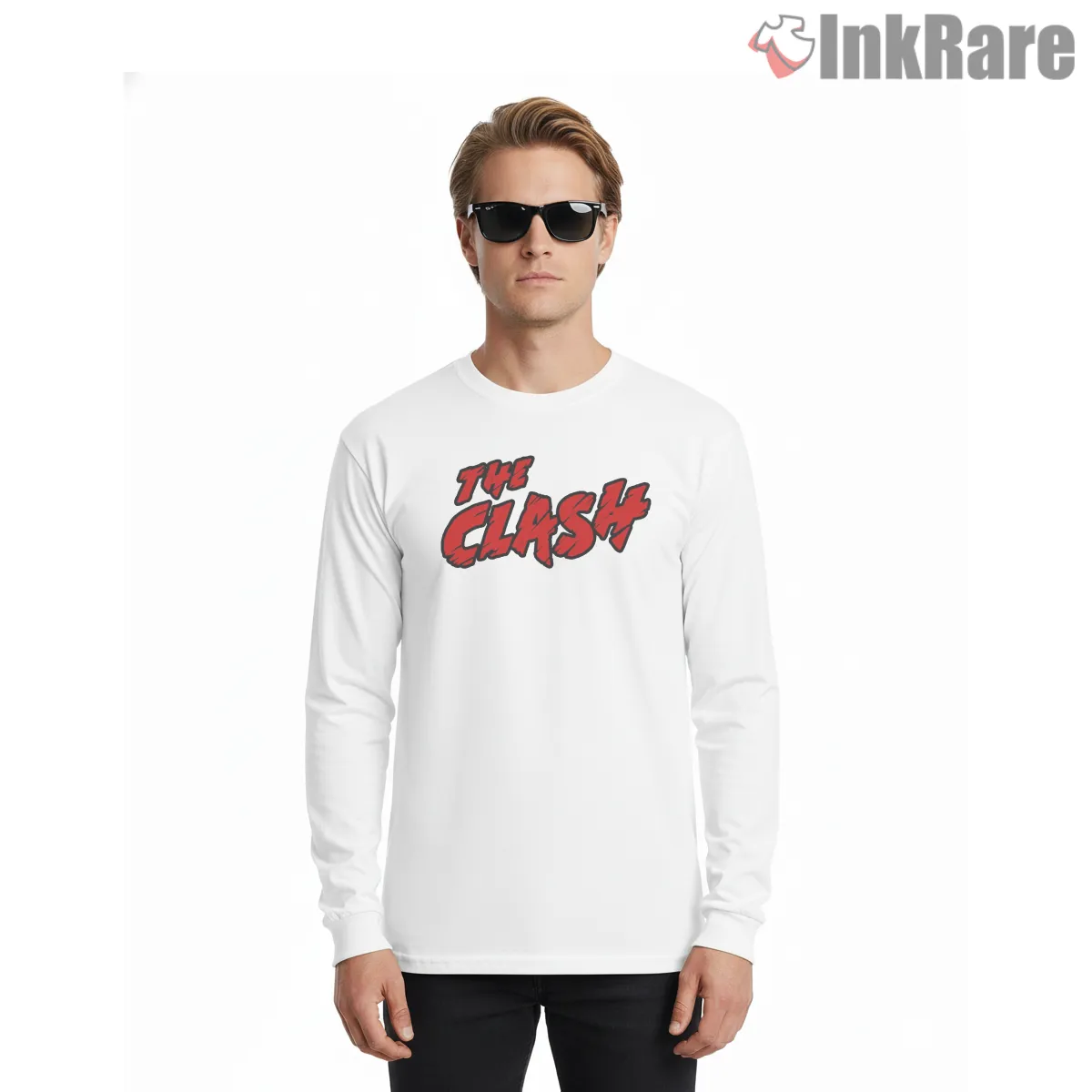 The Clash Black And Red Punk Logo Shirt on white long sleeve shirt for men graphic tee