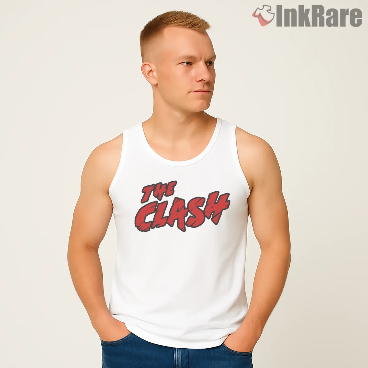The Clash Black And Red Punk Logo Tank Top White The Clash Black And Red Punk Logo Shirt on white tank top for men graphic tee