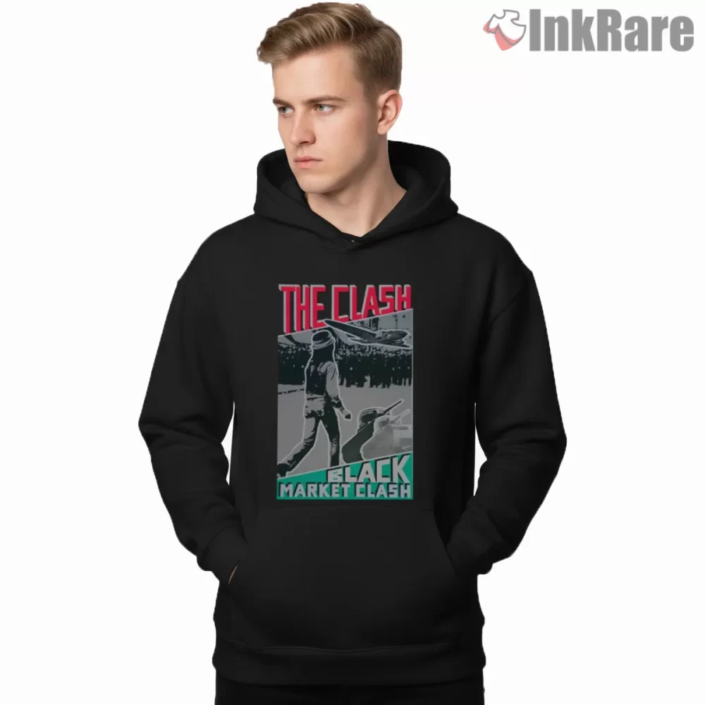 The Clash Black Market Clash Album Shirt on black hoodie for men graphic tee