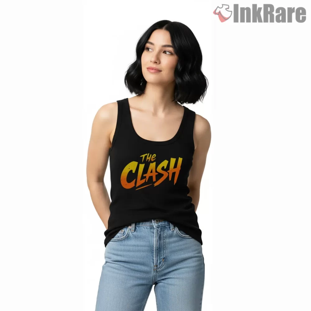 The Clash Bold Handwritten Logo Shirt on black tank top for women graphic tee