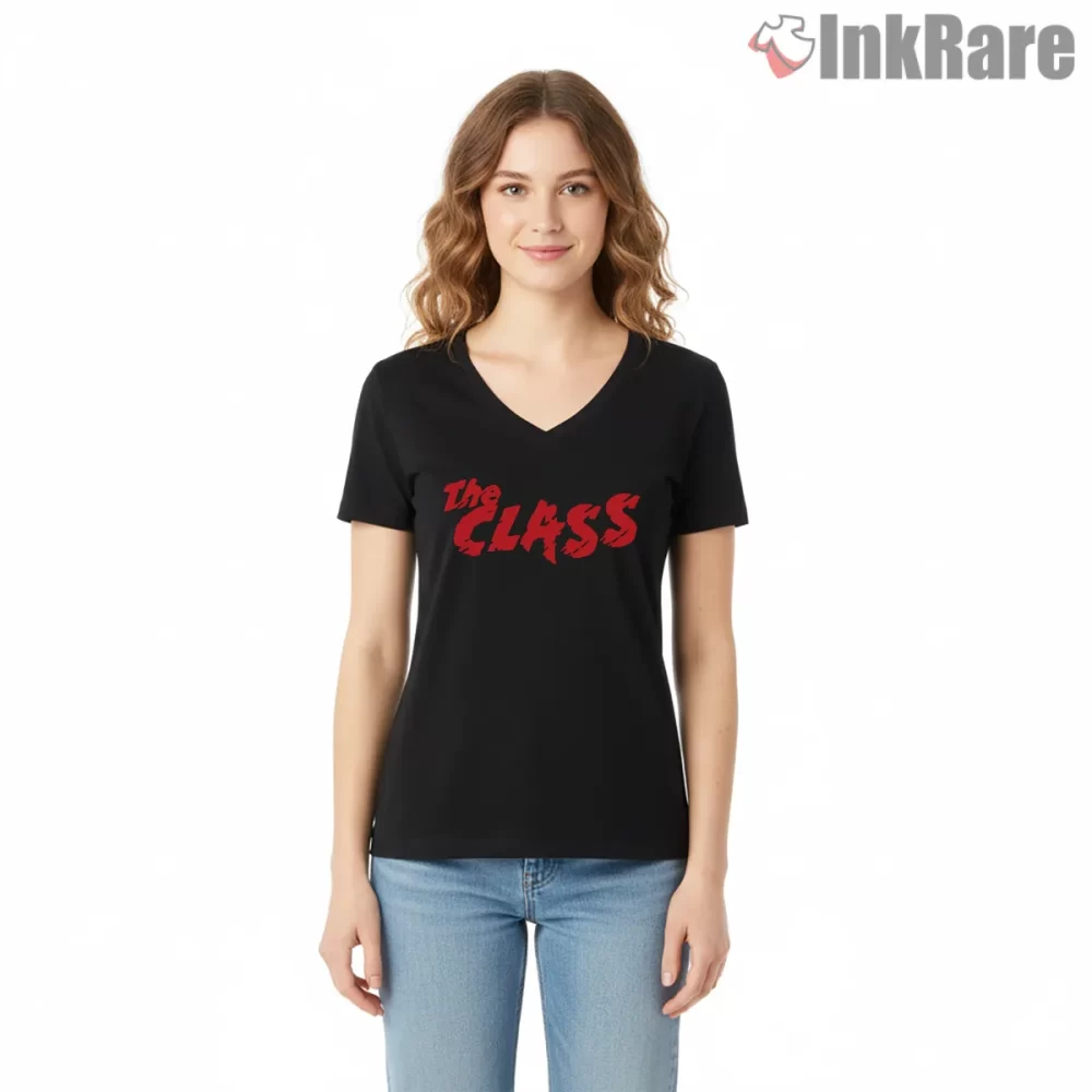 The Clash Bold Red Brush Logo Statement Shirt on black v-neck shirt for women graphic tee