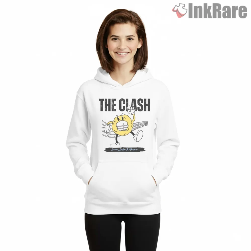 The Clash Cartoon Donut Punk Humor Shirt on white hoodie for women graphic tee