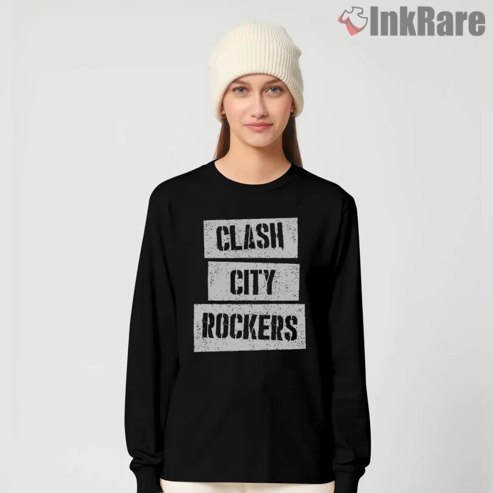 The Clash City Rockers Stencil Typography Shirt on black long sleeve shirt for women graphic tee