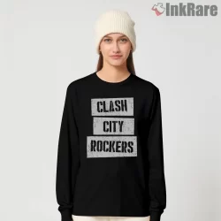 The Clash City Rockers Stencil Typography Shirt on black long sleeve shirt for women graphic tee