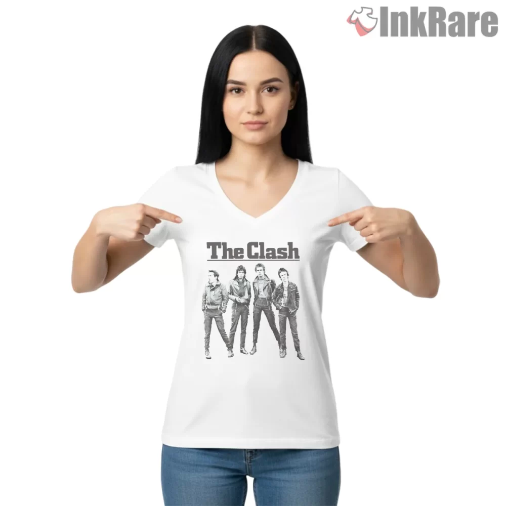 The Clash Classic Band Lineup Photo Shirt on white v-neck shirt for women graphic tee